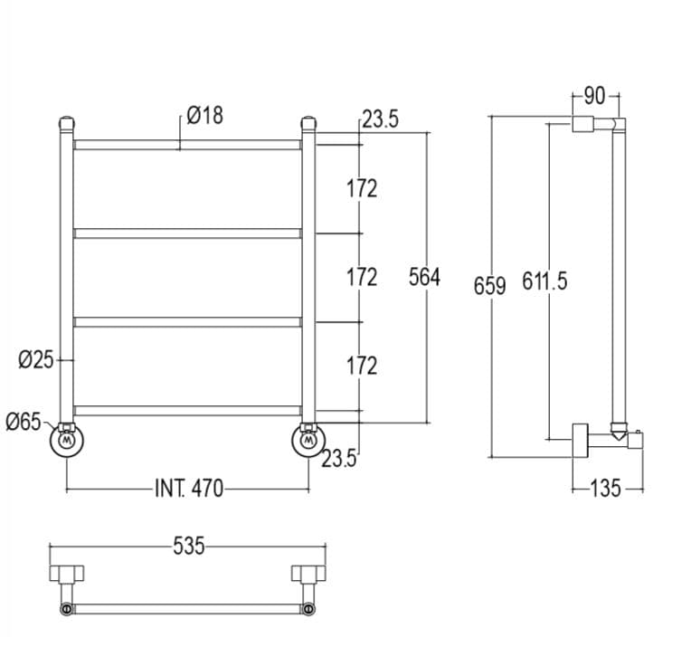 afmetingen chroomhand doekradiator met 4 buizen