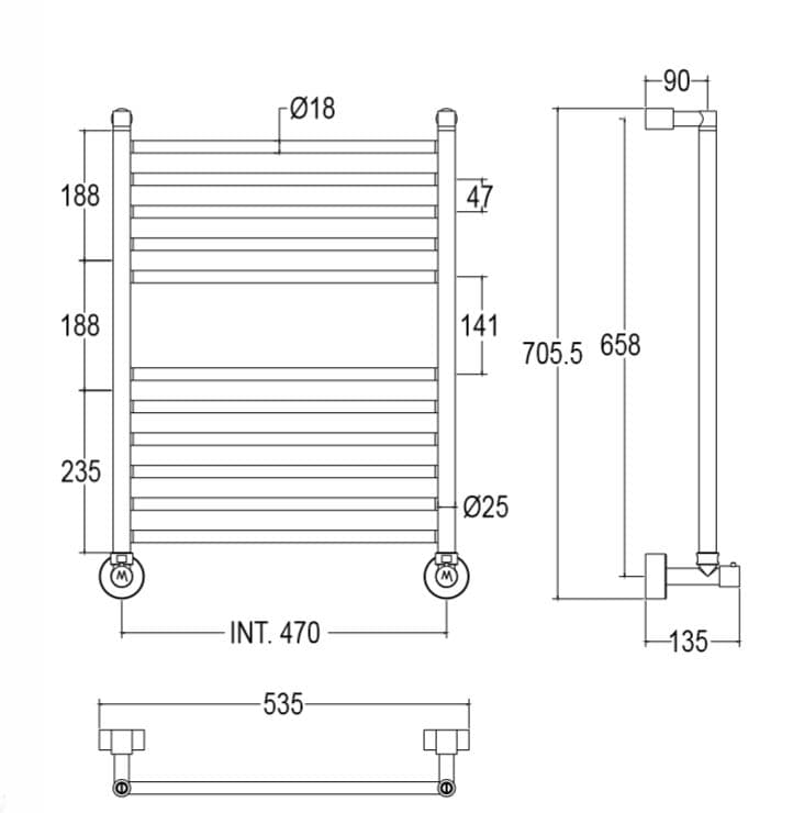 afmetingen chroom handdoekradiator met 10 buizen