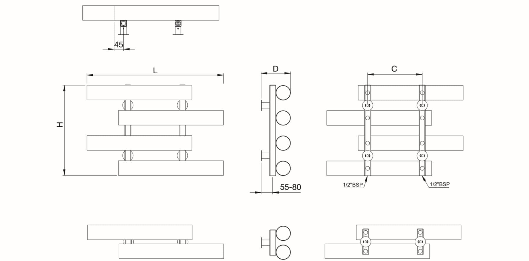 Technische gegevens en maatvoering van radiator Reflex 
